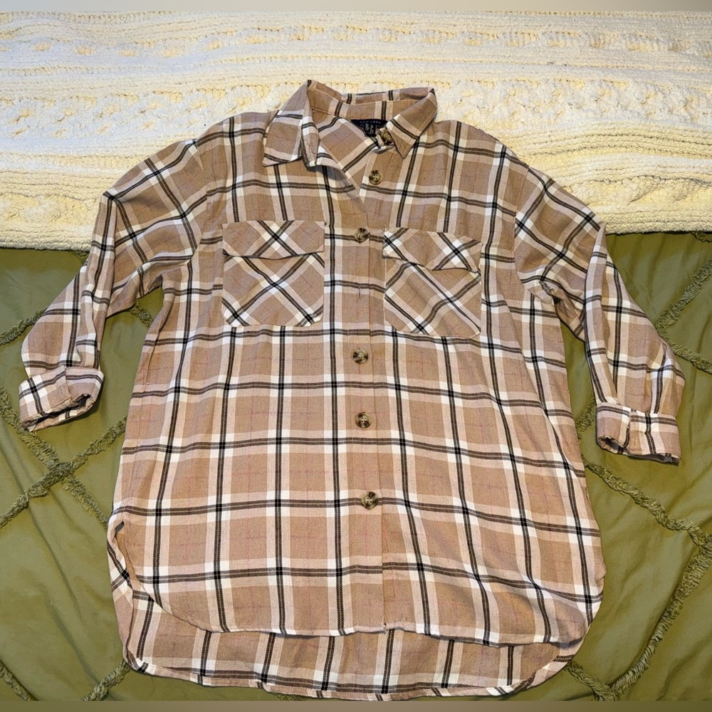 New Look Tan and White Plaid Button-Down Shirt